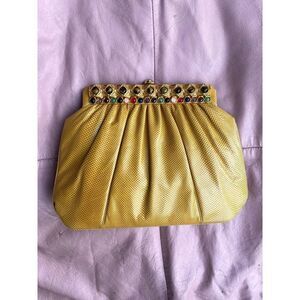 Judith Leiber lizard karung yellow jeweled leather shoulder bag clutch vintage